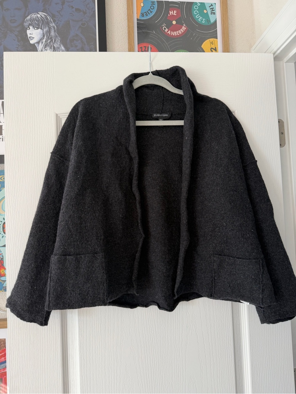 Eileen Fisher Boiled Wool Charcoal Open-Front Women's Cardigan Sweater Medium - Picture 4 of 6